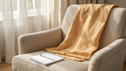 Cozy Living Room Scene Featuring Soft Orange Blanket Draped Over Stylish Sofa with Notebook