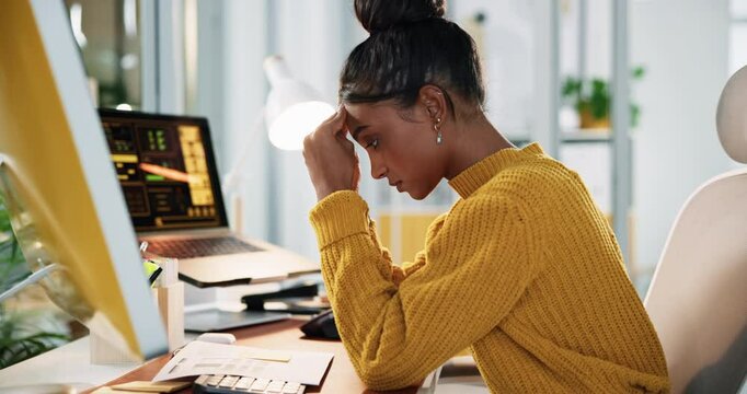 Frustrated woman, analyst and stress with computer for bad review, performance or statistics at office. Female person, employee or burnout with documents for financial crisis, debt or bankruptcy