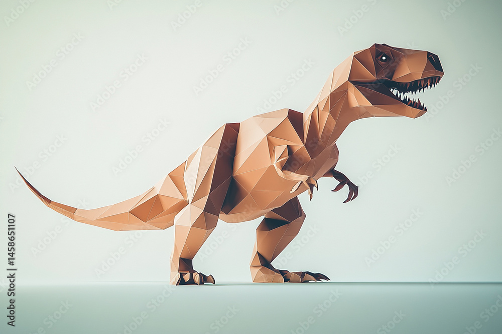 Poster low-poly dinosaur model with distinct edges that create the effect of a retro game or digital art