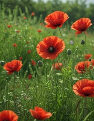 Fototapeta premium Close-up of red poppies amongst lush green grasses , flora, close-up, detail