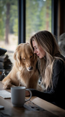 A young woman with long blonde hair is sitting at a wooden desk, gently petting a golden retriever dog that is resting its head on the desk near her hand. A white mug, a keyboard, and a pen are also o