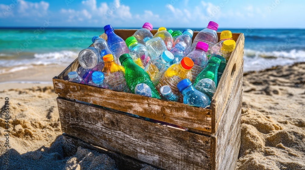 Poster clear and colored plastic bottles stacked neatly inside a wooden recycle bin at a beach cleanup