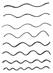 Hand drawn wavy lines of different thickness. Set of wavy lines. Curvy lines isolated on white background. Vector illustration.