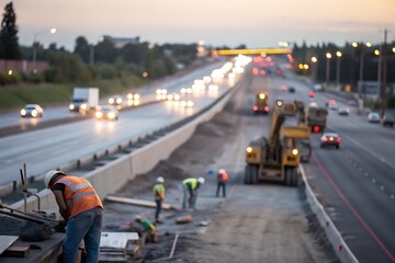 Construction workers repairing highway urban area blurred background evening light