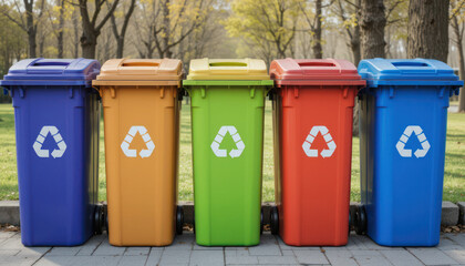 Colorful recycling bins arranged in a park setting promoting waste separation and environmental awareness in a clean and green space.