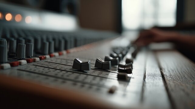 A hand adjusts a vintage audio mixer, each dial and knob a tactile connection to the analog sound of past eras.