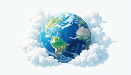Vibrant Earth Surrounded by Soft Clouds in a Blue Sky, Perfect for Illustrating Global Themes and Environmental Concepts
