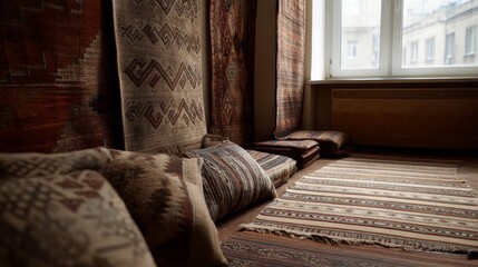 Cozy room filled with patterned rugs and cushions by a window, creating a warm, inviting atmosphere of comfort and tranquility.