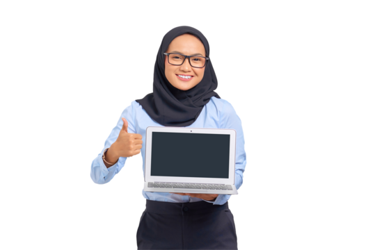 Portrait of smiling young Asian woman showing a blank screen of a laptop and makes thumb up gesture isolated on transparent background