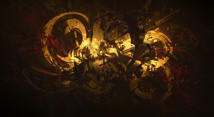 Abstract Gold and Crimson Fractured Forms in Dark Space