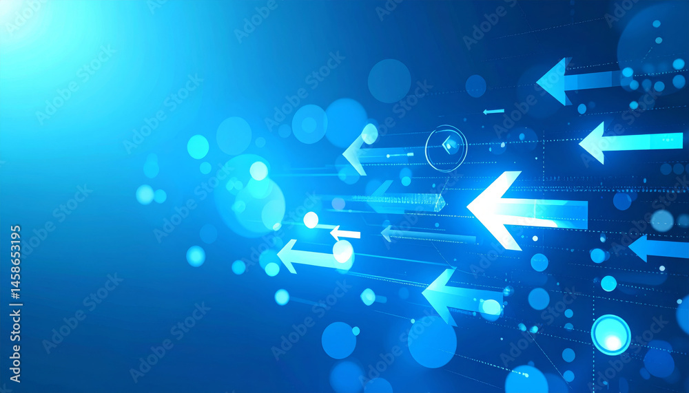 Wall mural geometric arrows and circles in misty blue digital background create dynamic and modern atmosphere, 