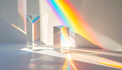 Translucent geometric prisms casting vibrant rainbow light and dynamic shadows on white surface create captivating visual experience. interplay of light and color evokes sense of wonder