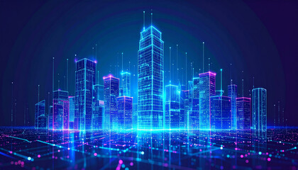 Fototapeta premium vibrant cityscape featuring high tech skyscrapers illuminated by neon lights, showcasing futuristic architectural design with digital wireframe aesthetic. scene evokes sense of innovation
