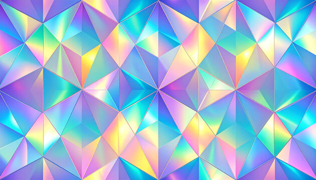 vibrant geometric pattern featuring holographic triangles with rainbow iridescent glow, creating mesmerizing abstract design that captivates viewer imagination