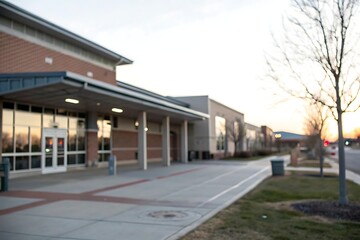 Blurred background of modern building entrance at sunset urban architectural photography