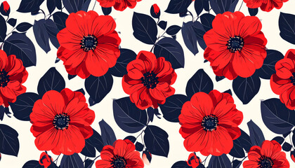 Large red blossoms with dark leaves create vibrant floral pattern, showcasing modern art style that adds touch of elegance to any space. This design evokes sense of freshness and beauty