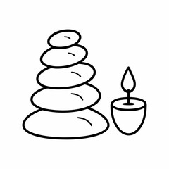 Spa Wellness Icon – Minimalist Line Art of Stones and Candle on White Background