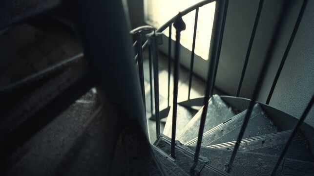 A spiral staircase bathed in cool light, with shadows playing along the curves, invites exploration and hints at mystery beyond each turn.