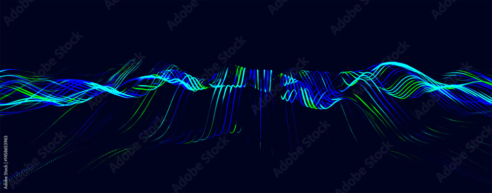 Wall mural multicolored wave of glowing dots. futuristic dot wave of bright particles, on dark background. inte