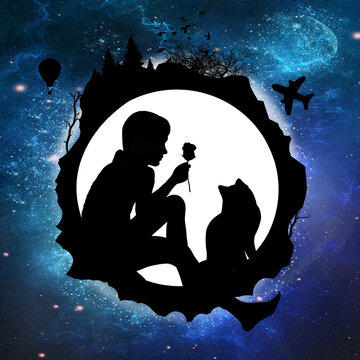 Young boy on the top of the world. Silhouette art