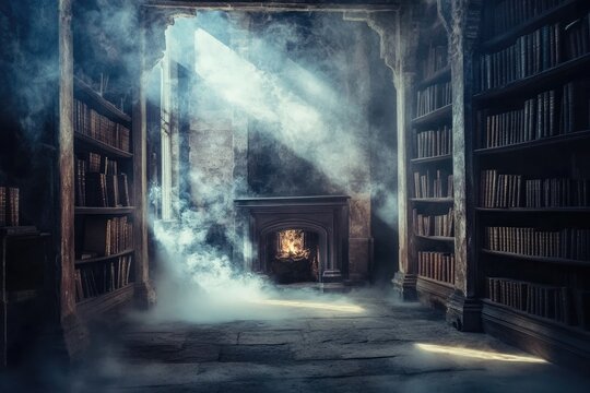 Dimly lit antique library with fireplace