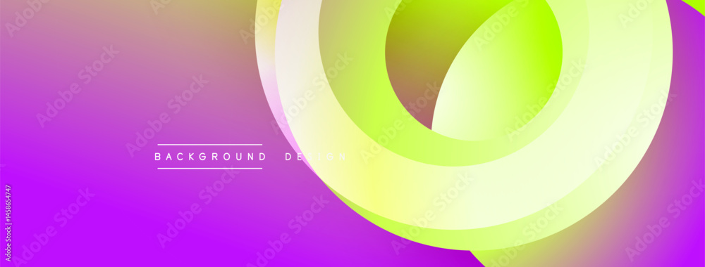 Poster Abstract vibrant design features layered circles, gradients. Purple, yellow hues create dynamic visual effect. Modern background element.