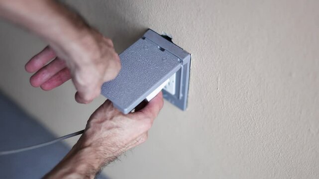 Close up of a hand holding a phone wall charger connect charger into outlet with cover outdoor