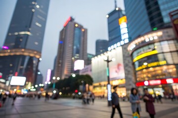 Blurred city life action people walking in a vibrant skyscraper environment