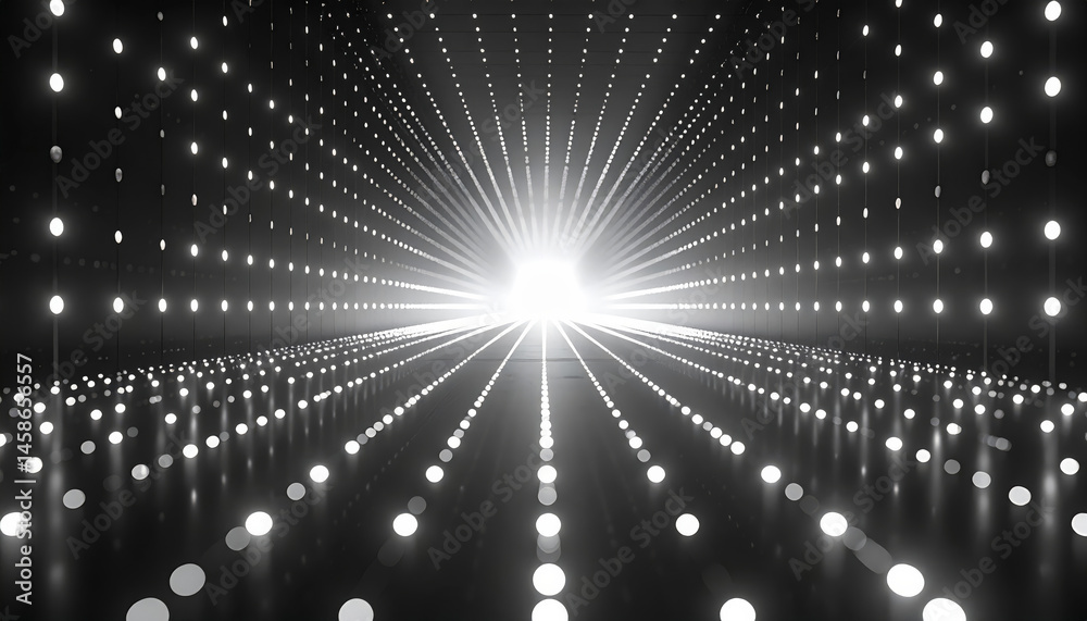 Wall mural futuristic black and white digital space with glowing white dots forming rows on floor, creating mes