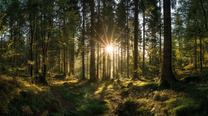 Obraz premium Sunbeams shining through panoramic forest landscape with tall trees