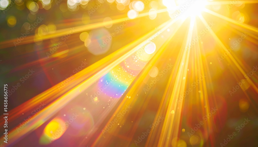 Wall mural bright sunlight beams create warm, golden glow with rainbow flares and soft bokeh effects. light ray