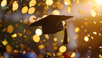 Graduation ceremony moment with flying cap among golden confetti, creating dreamy atmosphere filled with celebration and joy. lights enhance festive spirit of this special occasion