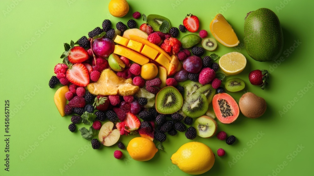 Poster conceptual image of brain shape made entirely of nutritious fruits, overhead flat lay