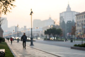 Obraz premium Morning strolls in a blurred urban landscape city center lifestyle photography soft background