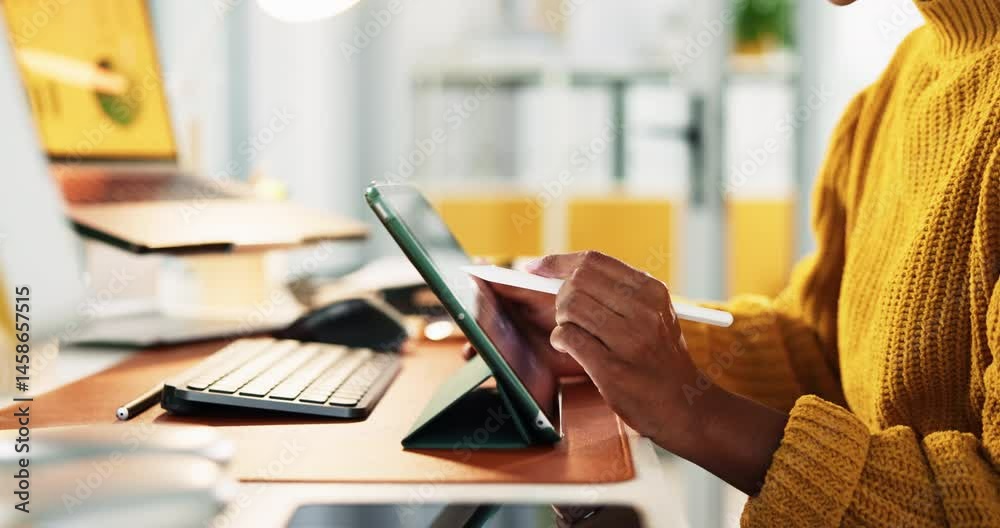 Fototapete Design, hands and tablet with creative person closeup in office for administration or business. App, planning and research with startup employee at desk in workplace for software development
