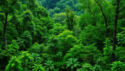 Lush Verdant Jungle Scene with Dense Foliage, Tall Trees, and Vibrant Greenery in a Serene Natural Environment