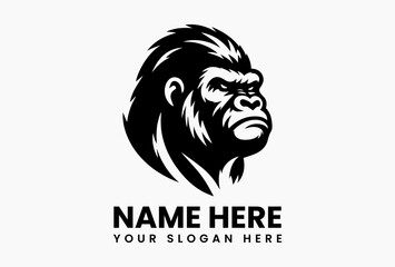 Cartoon gorilla vector logo featuring powerful pose and friendly expression in bold black and white design, representing strength, agility, and wild charm  