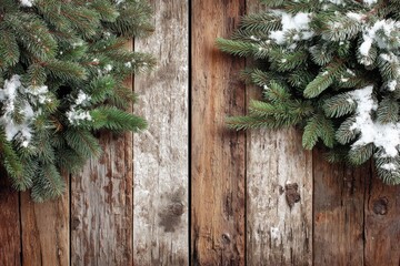 Rustic winter scene with snow-covered evergreen branches on weathered wood