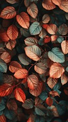 Fototapeta premium Red and green leaves create a vibrant and textured pattern in this autumn inspired image.