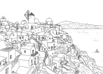 Santorini landscape coloring page drawing illustration for adult
