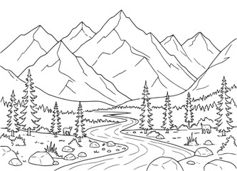 Fototapeta premium Rocky montain coloring page drawing illustration for adult