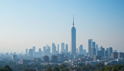 Obraz premium Panoramic cityscape view of modern urban skyline with tall building under clear blue sky and soft clouds during bright daylight hours