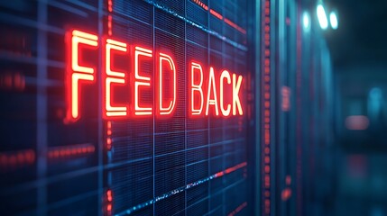 Neon red "FEEDBACK" text glows on a digital, futuristic screen with blue tech elements in the background.