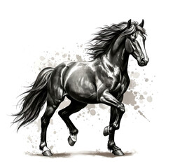 Fototapeta premium Dynamic black and white illustration of a powerful horse, showcasing strength and elegance. Ideal for equestrian themes, artistic presentations, and depicting animal energy