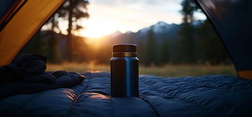 Cozy camping with a sunrise view and hydration container on the mattress