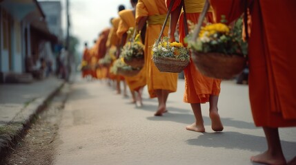 Monks, donned in vibrant orange robes, stride barefoot down a sunlit path, carrying baskets of flowers, representing spirituality and unity.