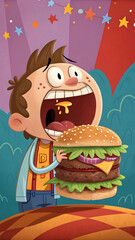 Cheerful cartoon character with comically open mouth trying to bite into incredibly large burger