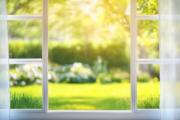 Naklejka premium Sunny garden view from a window