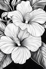 Fototapeta premium Large hibiscus flowers with detailed black and white outline Generative AI