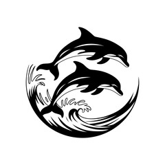 Vector illustration of two dolphins jumping in water